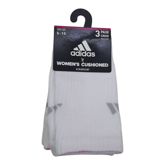 Adidas Womens Cushioned Crew Socks 3-Pack Aeroready White w/Bright Accents - Picture 1 of 10